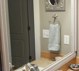 under 75 bathroom makeover, bathroom ideas, home decor, mason jars, repurposing upcycling, Add reclaimed trim to a mirror