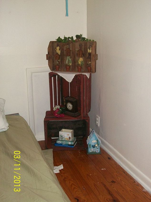 pallets bed, painted furniture, pallet, More crates using as a night stand in guest bedroom