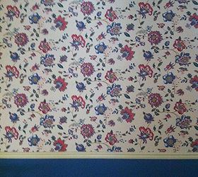 a new library, home decor, shelving ideas, We started with this 80 s flowered wall paper with chair rail and a lower blue paint color in the original dining room