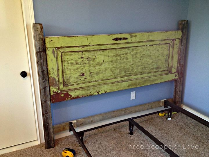 vintage door headboard, doors, repurposing upcycling, Getting it all set into place with the bed frame