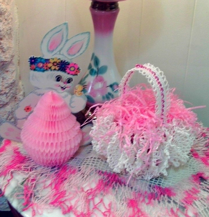 nature themed spring mantle, easter decorations, seasonal holiday d cor, Vintage bunny and a starched doily Easter basket