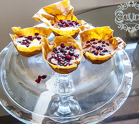 dollar store challenge, home decor, repurposing upcycling, My flaky pomegranate cups look delish sitting on top of it