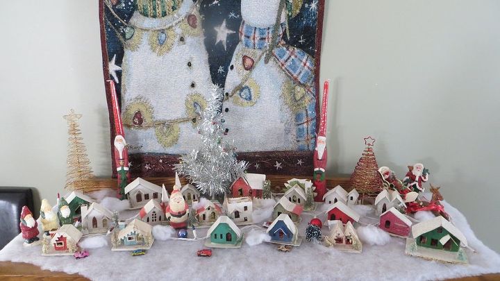my house at xmas, christmas decorations, seasonal holiday decor, a village about 100 years old handed down from great grandmothers and great aunts