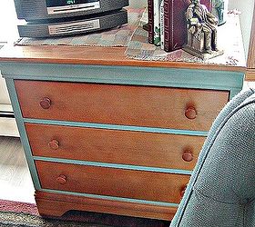 transforming vintage furniture that is both stained and painted, chalk paint, painted furniture, This dresser is a bit more modern than most of my work This chalk painted and maple wood stained storage unit sits in my family room and holds DVD CD off season pillows etc