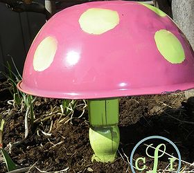 an old metal bowl gets a new life in the garden, gardening, repurposing upcycling, My toadstool got a new home in the garden it even looks darling popped into a planter that needs sprucing up