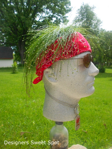 meet my new garden head butch, crafts, gardening, I spray painted him atop an empty wine bottle filled with pebbles Then I cut a hole in his head and inserted a Fiber Optic Grass plant