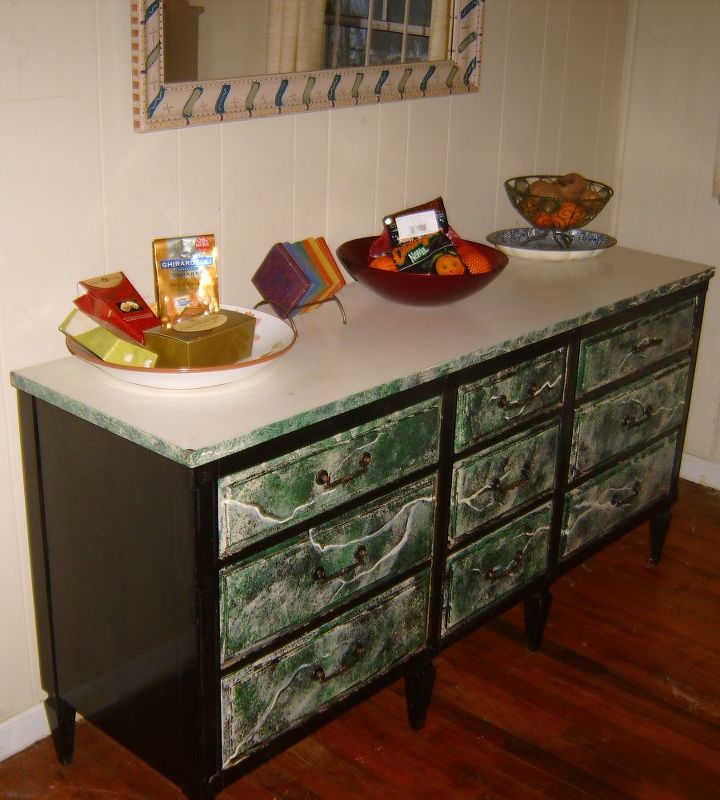 faux marble finish painted dining room table and cabinet, painted furniture
