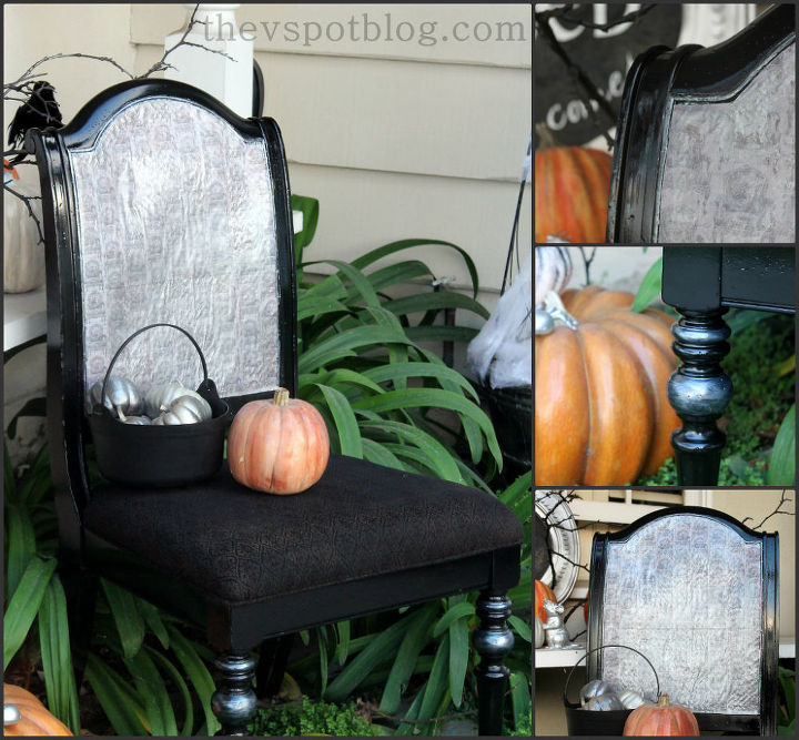 a spooky front porch and entry, halloween decorations, porches, seasonal holiday decor, A rescued thrift shop chair all done up for Halloween