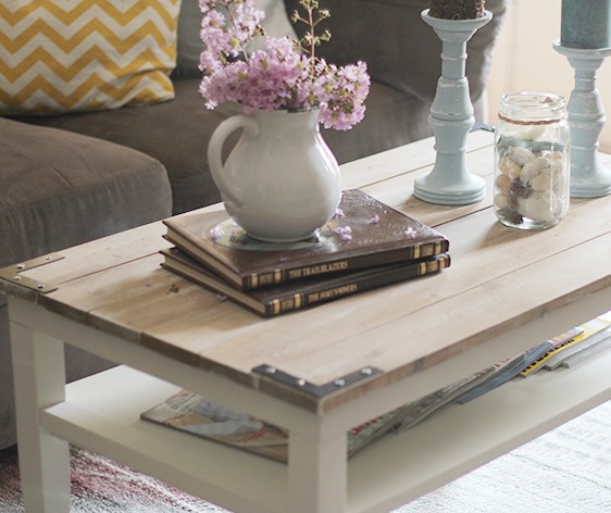 diy planked farm style coffee table, diy, painted furniture, repurposing upcycling, woodworking projects, Table transformation with a planked wood top and brackets