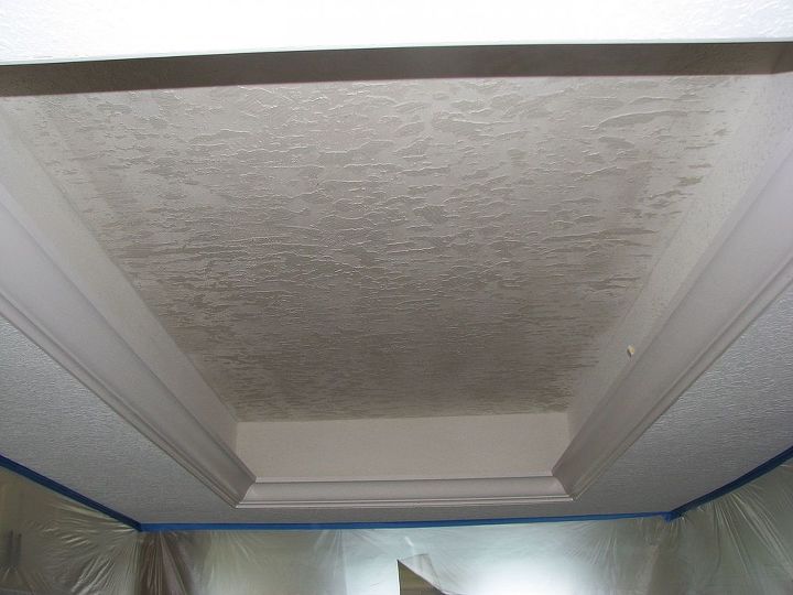 what to do with that 1980 s style kitchen lighting, After the Skip Trowel was applied we added crown molding around the perimeter of the new kitchen trey ceiling