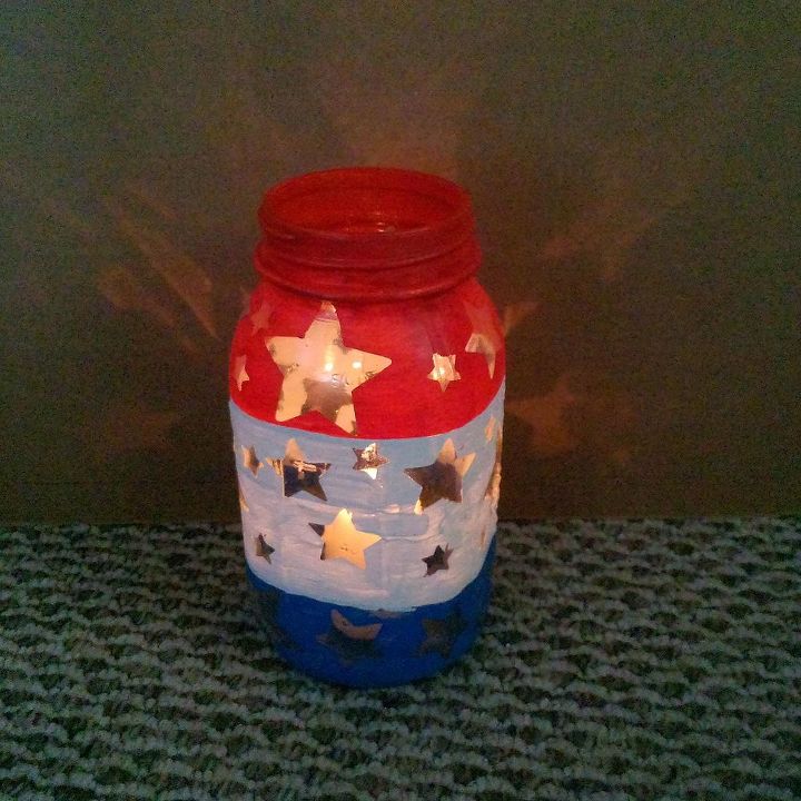 patriotic mason jar luminary, crafts, mason jars, patriotic decor ideas, seasonal holiday decor, Red white and blue star luminary made with a mason jar