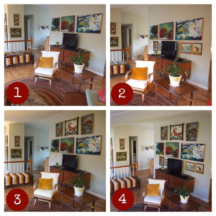 we need help with our gallery wall, home decor, living room ideas, This shot shows the 4 arrangements we re considering unless you ve got some better ideas we haven t thought of