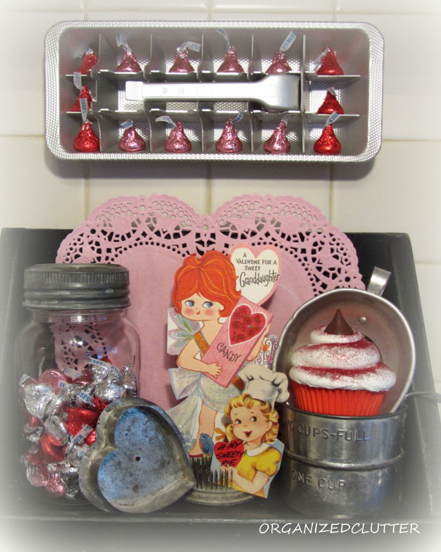 a valentine s day vintage kitchen vignette, seasonal holiday d cor, valentines day ideas, Check out my blog to see how I made the ice cube tray work as a candy display