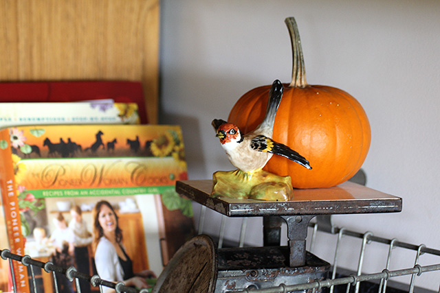 my funky fall kitchen aka ffk, kitchen design, repurposing upcycling, seasonal holiday decor, A simple pumpkin on a scale is brightened by a vintage china bird figurine