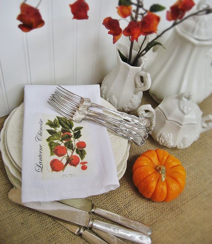 fall inspired botanical tea towel starring a vintage print of chinese lanterns easy, crafts, home decor, Perfect fall addition to the kitchen or lovely fall inspired napkins the vintage graphic is available on my blog