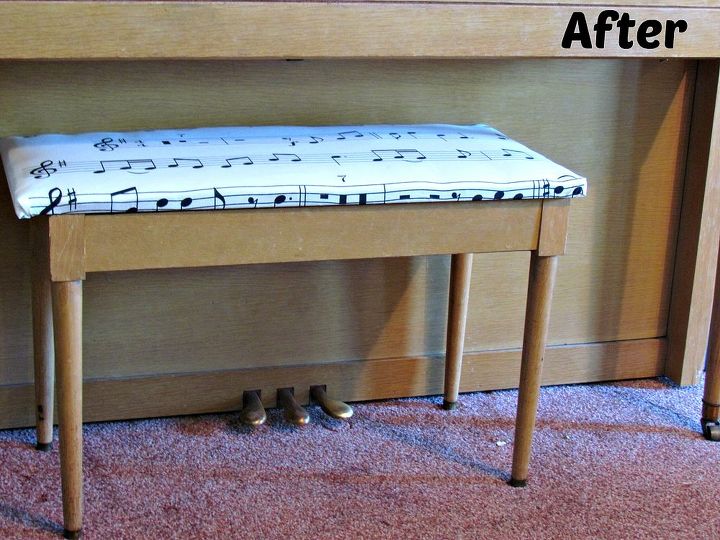 piano bench makeover, painted furniture, new music inspired fabric