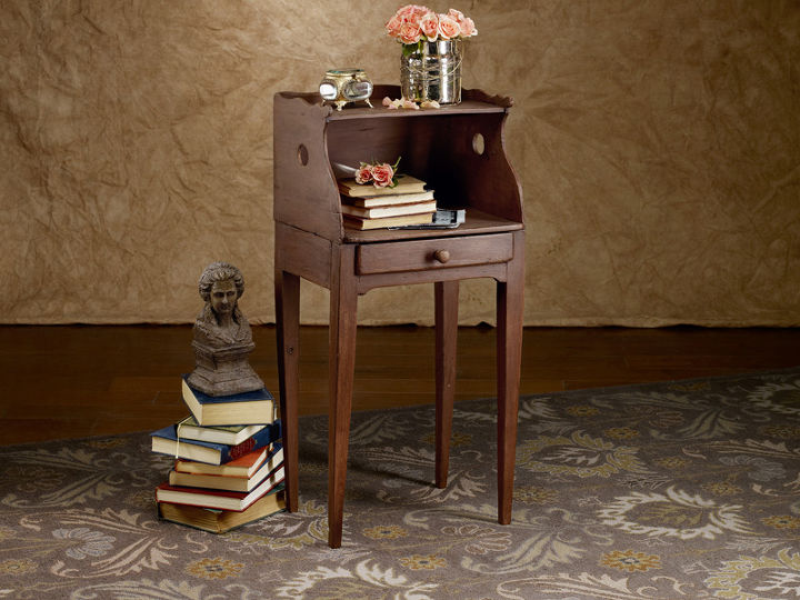 brocante antiques, home decor, Fantine End Table A versatile go anywhere piece this elegant Louis XVI style end table was crafted circa 1900 of solid wood with a rich oxblood finish Detailed with an open shelf and single drawer