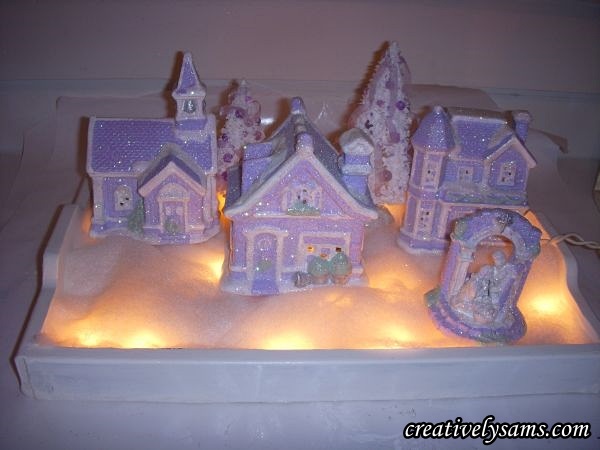 shabby chic lilac village, christmas decorations, crafts, decoupage, painting, seasonal holiday decor, shabby chic, Shabby Chic Lilac Village Vignette all lit up