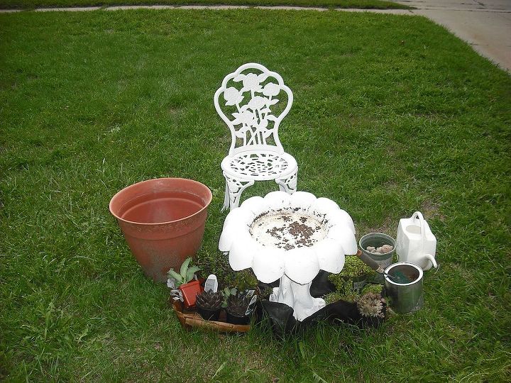 succalents planted in a bird bath made into a planter, curb appeal, gardening, Everything ready to plant