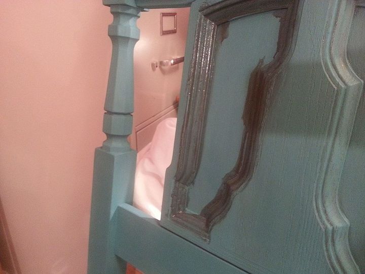 turquoise dresser, painted furniture, repurposing upcycling, putting the dark wash in the detail to make it stand out a bit