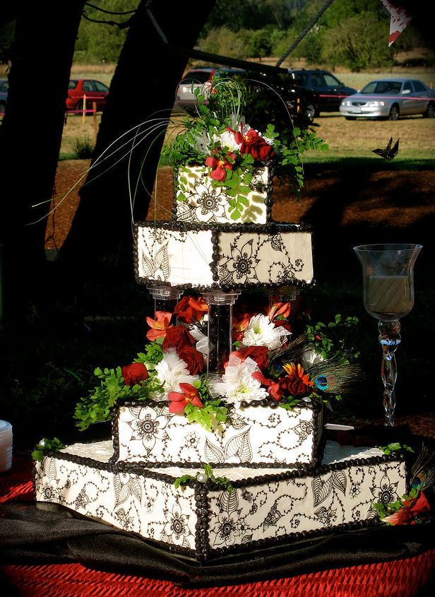 a summer wedding, crafts, With fresh flowers peacock feathers and babytear greens the cake was finished I was too I was exciting to have this cake used as a new web design motif for the chocolate transfer company