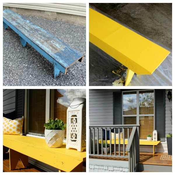 front porch decorating yellow bench makeover, outdoor furniture, outdoor living, painted furniture, rustic furniture, Although the top of the bench was gorgeous it definitely needed some TLC to make it functional