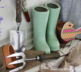 spring mantel, seasonal holiday d cor, Painted paper mache boots and garden tools