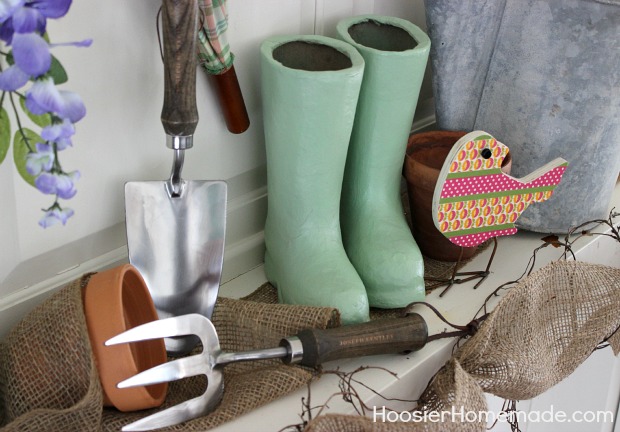 spring mantel, seasonal holiday d cor, Painted paper mache boots and garden tools