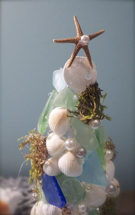 shell and sea glass christmas tree, christmas decorations, seasonal holiday decor, top with a starfish