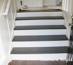 update old stairs with painted pine treads and new risers, diy, how to, painting, stairs, woodworking projects, Foyer stairs