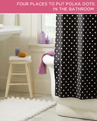 four places to put polka dots, home decor, In the bathroom When you re in a friend s bathroom what s the first thing you notice It s probably not the floor tile or the faucet hardware it s the shower curtain