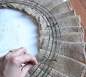 spring burlap wreath, crafts, seasonal holiday decor, wreaths, Secure the pleats to the wreath frame with floral wire
