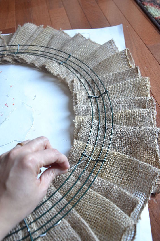 spring burlap wreath, crafts, seasonal holiday decor, wreaths, Secure the pleats to the wreath frame with floral wire