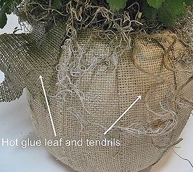 burlap d coupaged pumpkin planter, crafts, decoupage, flowers, gardening, repurposing upcycling, seasonal holiday decor, Fill with yur favorite fall flowers and add tendrils and leaves as the final step Find complete instructions here