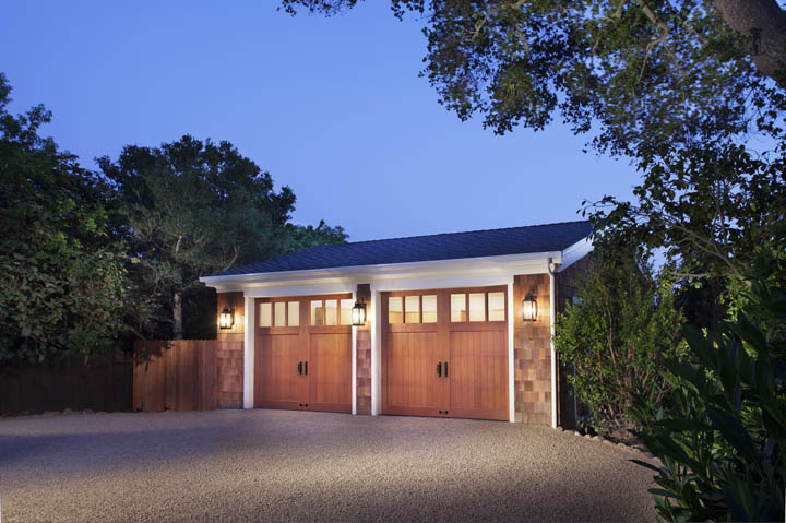 wood carriage house garage doors, Clopay Reserve Collection Custom Limited Edition insulated garage door Design 1 with REC13 windows Factory Stained Cedar Santa Barbara 2012 Design Home