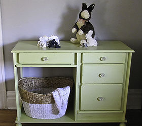 change a desk into more function with shelf and feet, painted furniture, after the big basket could be filled with diapers blankets stuffed animals books as an island it could be filled with hand towels or take it away and use the shelf for mixer etc and hang a bar on the side for towel or utensil han