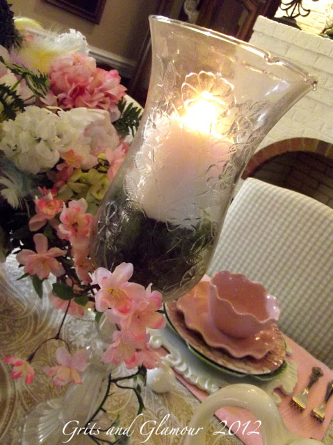 my easter table in paisley and pink, easter decorations, seasonal holiday d cor, Vintage glass hurricanes create a soft glow