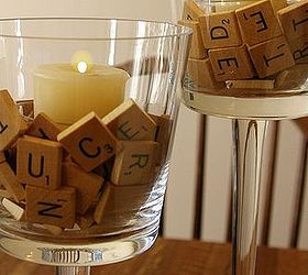 play around with your thanksgiving table decor, seasonal holiday d cor, thanksgiving decorations, Scrabble letter tiles surround a tealight in a clear container in a clear footed votive holder
