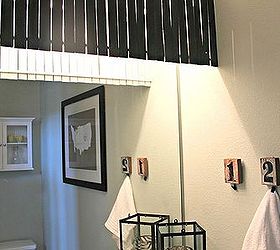 diy bathroom makeover, bathroom ideas, home decor, I created a wood shim light cover to hide the oh so lovely hollywood light fixture It was the best 7 00 spent