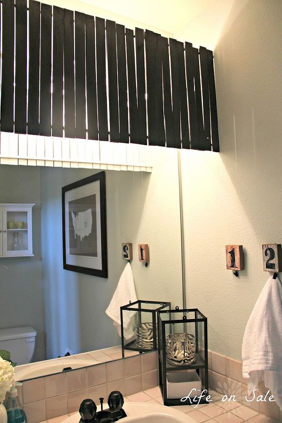 diy bathroom makeover, bathroom ideas, home decor, I created a wood shim light cover to hide the oh so lovely hollywood light fixture It was the best 7 00 spent