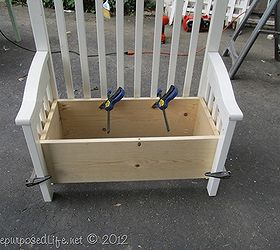 upcycled repurposed crib into toy box bench, I built a box out of 1x10 s using pocket hole screws I used a piece of plywood for the bottom I dry fit it all together with clamps