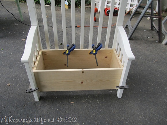 upcycled repurposed crib into toy box bench, I built a box out of 1x10 s using pocket hole screws I used a piece of plywood for the bottom I dry fit it all together with clamps