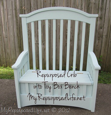 upcycled repurposed crib into toy box bench, Voila I love how this project came together Remember you can see a step by step tutorial on my blog My Repurposed Life