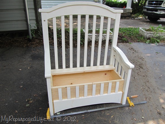 upcycled repurposed crib into toy box bench, I embellished the front of the box with the bottom of the crib piece I cut off I think this is what makes this bench come together It ties it all in