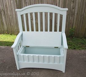 upcycled repurposed crib into toy box bench, I added hinges and a safety hinge not shown I painted it a very light blue green Note I drilled holes in the bottom for ventilation in case a child closes the lid while in the box