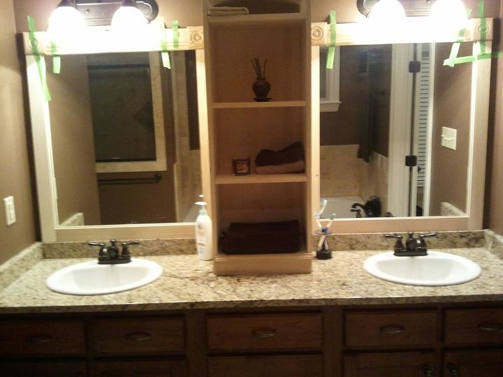 i used this idea and revamped my large bathroom mirror this weekend here are my, bathroom ideas, woodworking projects, This was befor crown moulding and base moulding I had yet to adhere the framing around the mirror