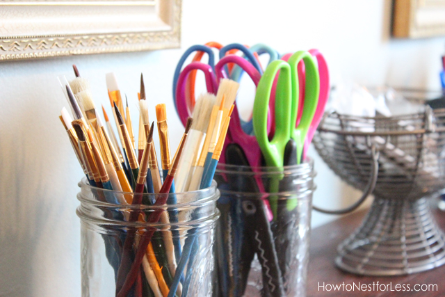 organized craft room, craft rooms, organizing, Mason jars are the perfect organizational tool to hold pencils pens paint brushes scissors and more