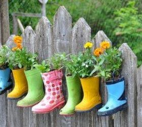 how to create a colorful and family friendly backyard, gardening, outdoor living, It just so happens that we are in the middle of spring cleaning which is perfect timing for this fun decorative upcycled planter idea for the kids I ll be pulling all of last years rain boots for this project and go looking for pai