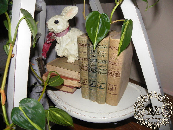 farmhouse style paint finish, painted furniture, repurposing upcycling, I placed the tray on the bottom of her crossbars and now it s a good book and bunny display