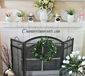 spring mantel spring has sprung, crafts, fireplaces mantels, seasonal holiday decor, wreaths, Decorating with White Pitchers and Tupilps